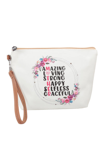 AMAZING, LOVING, STRONG, HAPPY PRINT COSMETIC POUCH BAG W/ WRISTLET/6PCS
