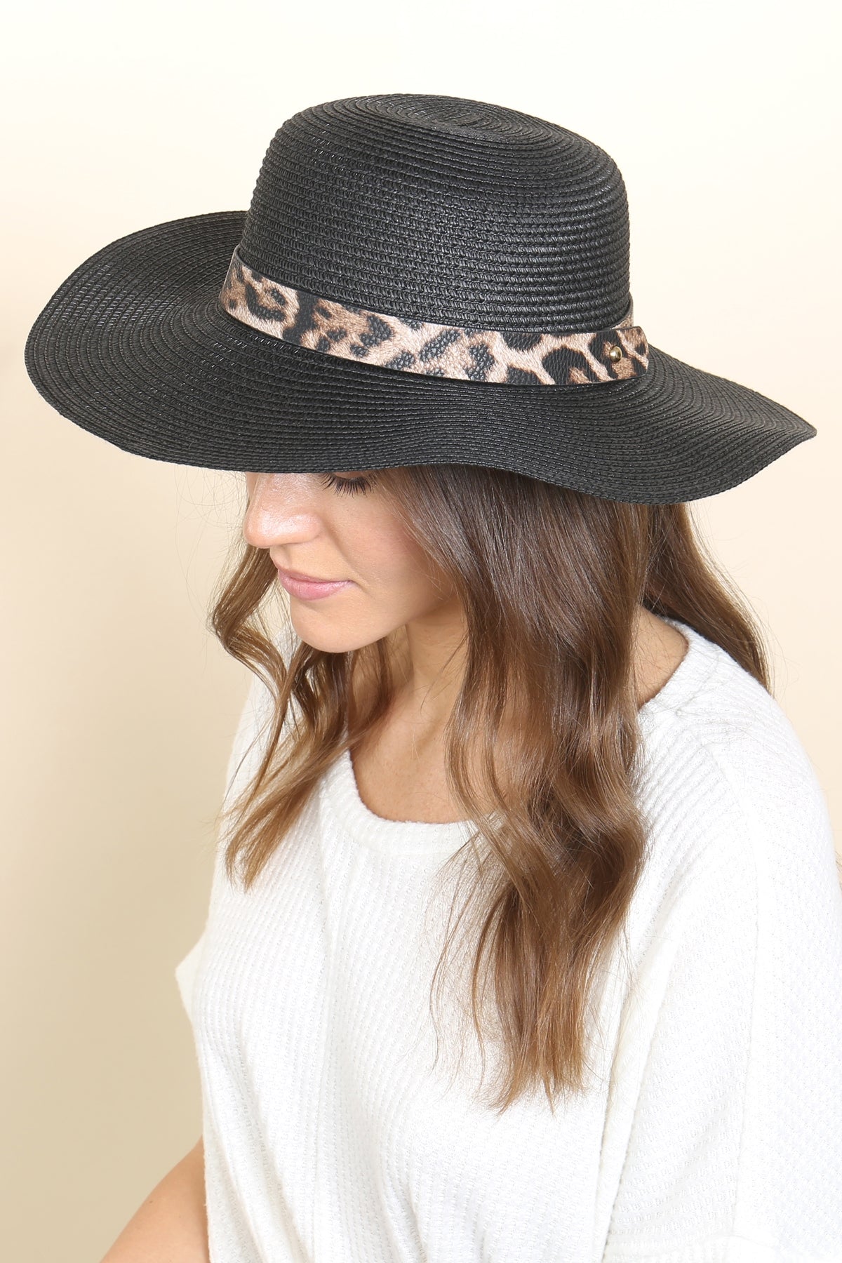 Panama Fedora Brim Straw Hat With Leopard Hat Strap WIDE BRIM VEGAN SUEDE HAT WIDE LEOPARD LEATHER BELT – Shop  main image 4