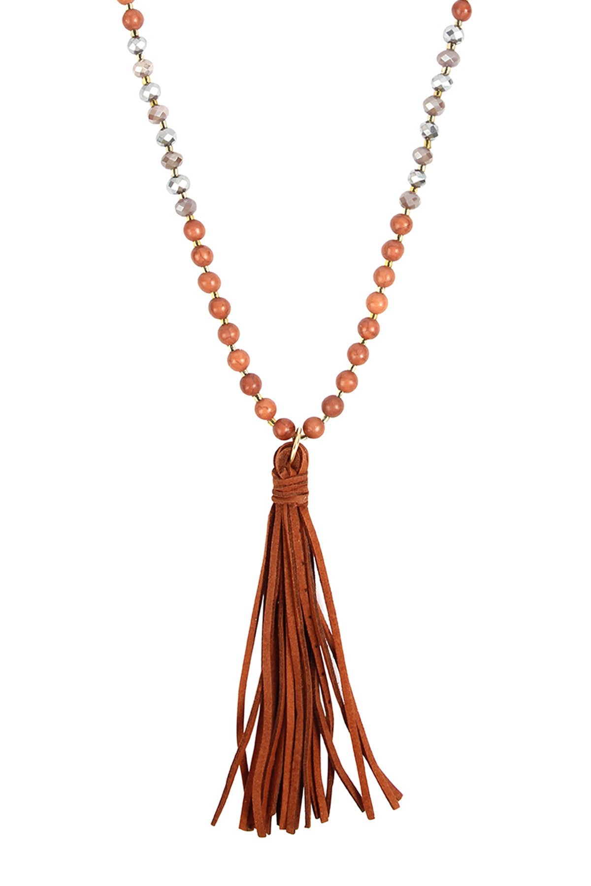 BEADED NECKLACE WITH LEATHER TASSEL/6PCS