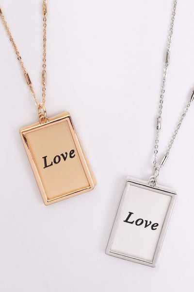 LOVE ETCHED BRASS BOX PENDANT NECKLACE