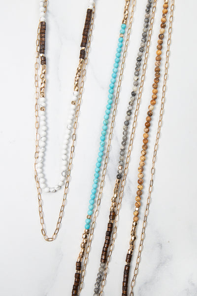 NATURAL STONE, CHAIN LAYERED LONG NECKLACE