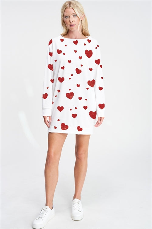 RED HEART ALL OVER LONG SLEEVE TUNIC DRESS- IVORY 2-2-2