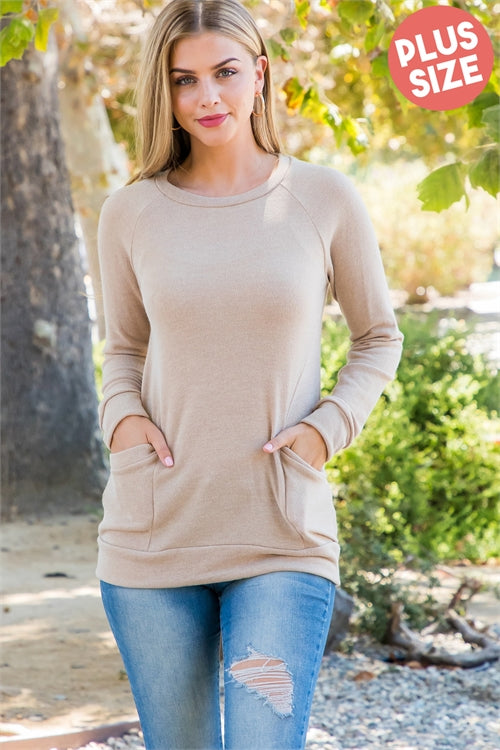 PLUS SIZE ROUND NECK LONG SLEEVE FRONT POCKET PULLOVER-3-2-1