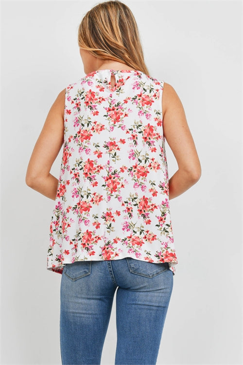 FLORAL PRINT SLEEVELESS FRONT PLEAT TOP-IVORY RED 0-6-3-5