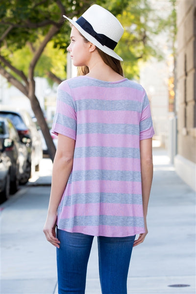 S12-1-2-T8069-A-GYLVD-1 - SHORT SLEEVED ROUND NECK STRIPED TOP- GREY/LAVENDER 4-0-0-0