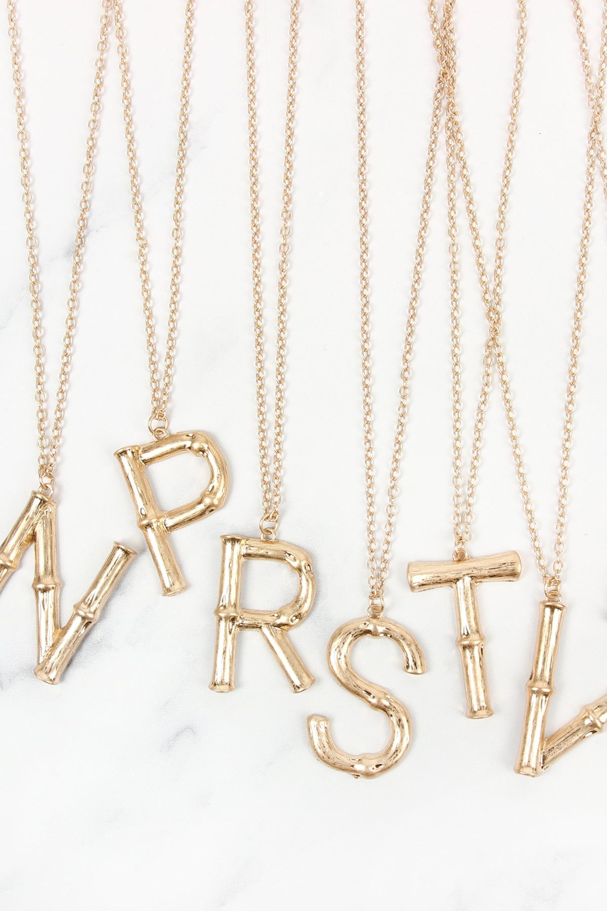 "V" CAST METAL BAMBOO ALPHABET NECKLACE WITH STUD EARRING SET/6SETS