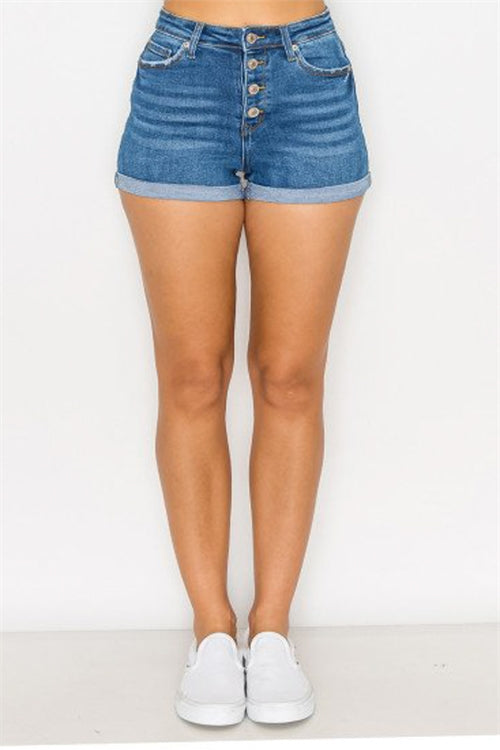FIVE POCKET BASIC CLEAN DENIM SHORTS WITH EXPOSED BUTTON AND CUFFED-2-2-2