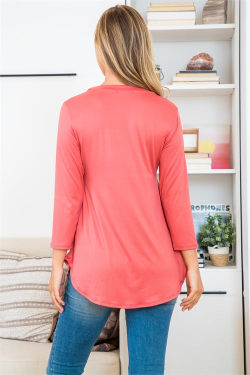QUARTER SLEEVE SHIRRING DETAIL SOLID TOP- LIGHT MARSALA 1-2-2-2 (NOW $6.50 ONLY!)