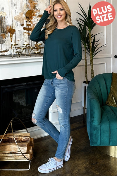 PLUS SIZE SOLID ROUND NECK LONG SLEEVE TOP-3-2-1