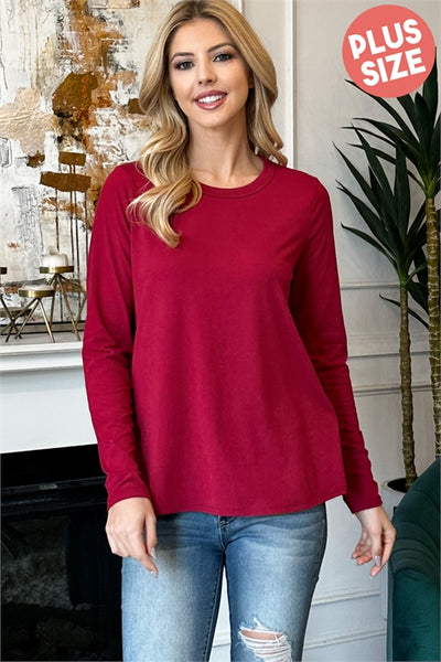 PLUS SIZE SOLID ROUND NECK LONG SLEEVE TOP-3-2-1