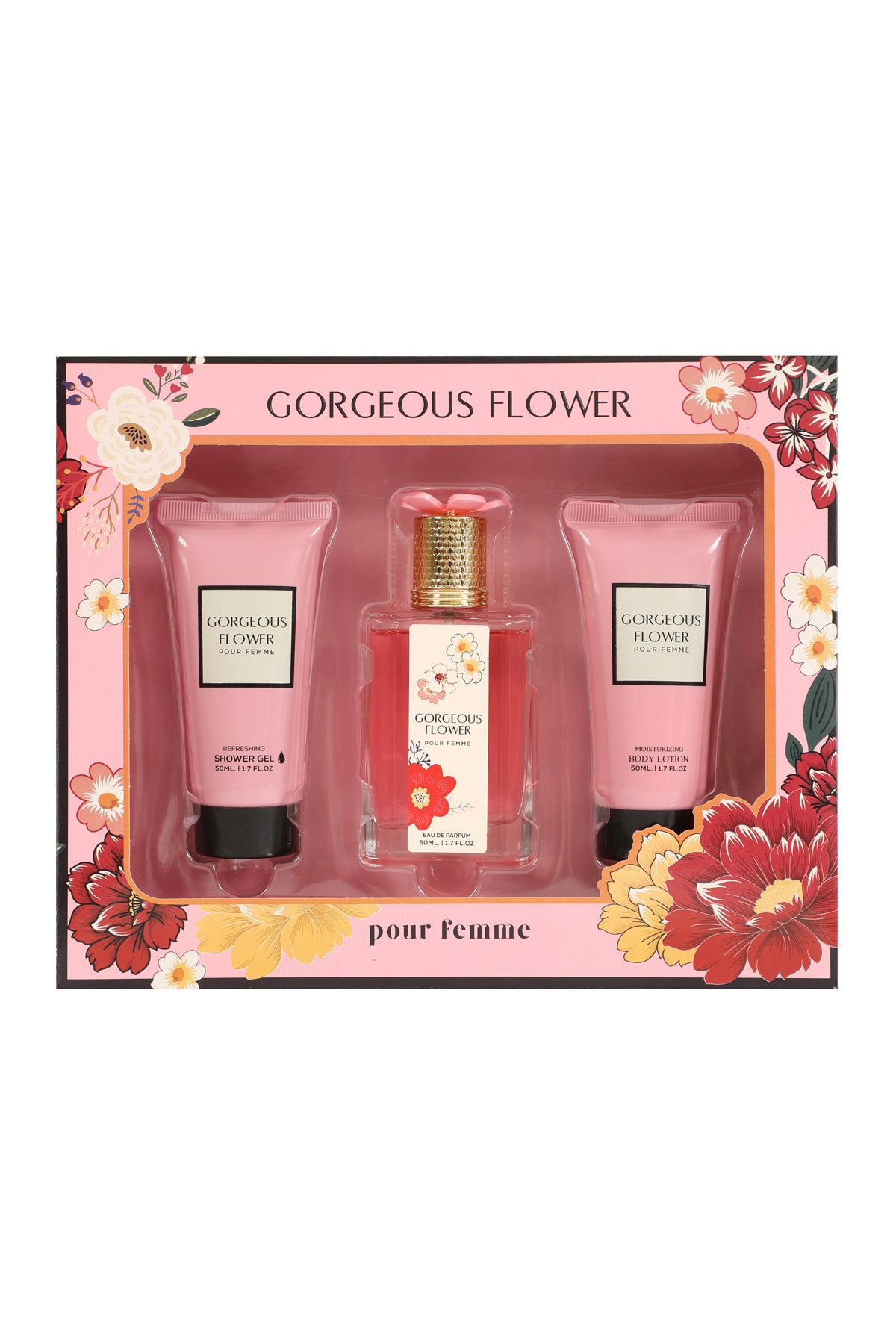 GORGEOUS FLOWER SHOWER GEL, SPRAY PERFUME EAU DE PARFUM, BODY LOTION FOR WOMEN 50ML/1.7FL.OZ/3 GIFT SET