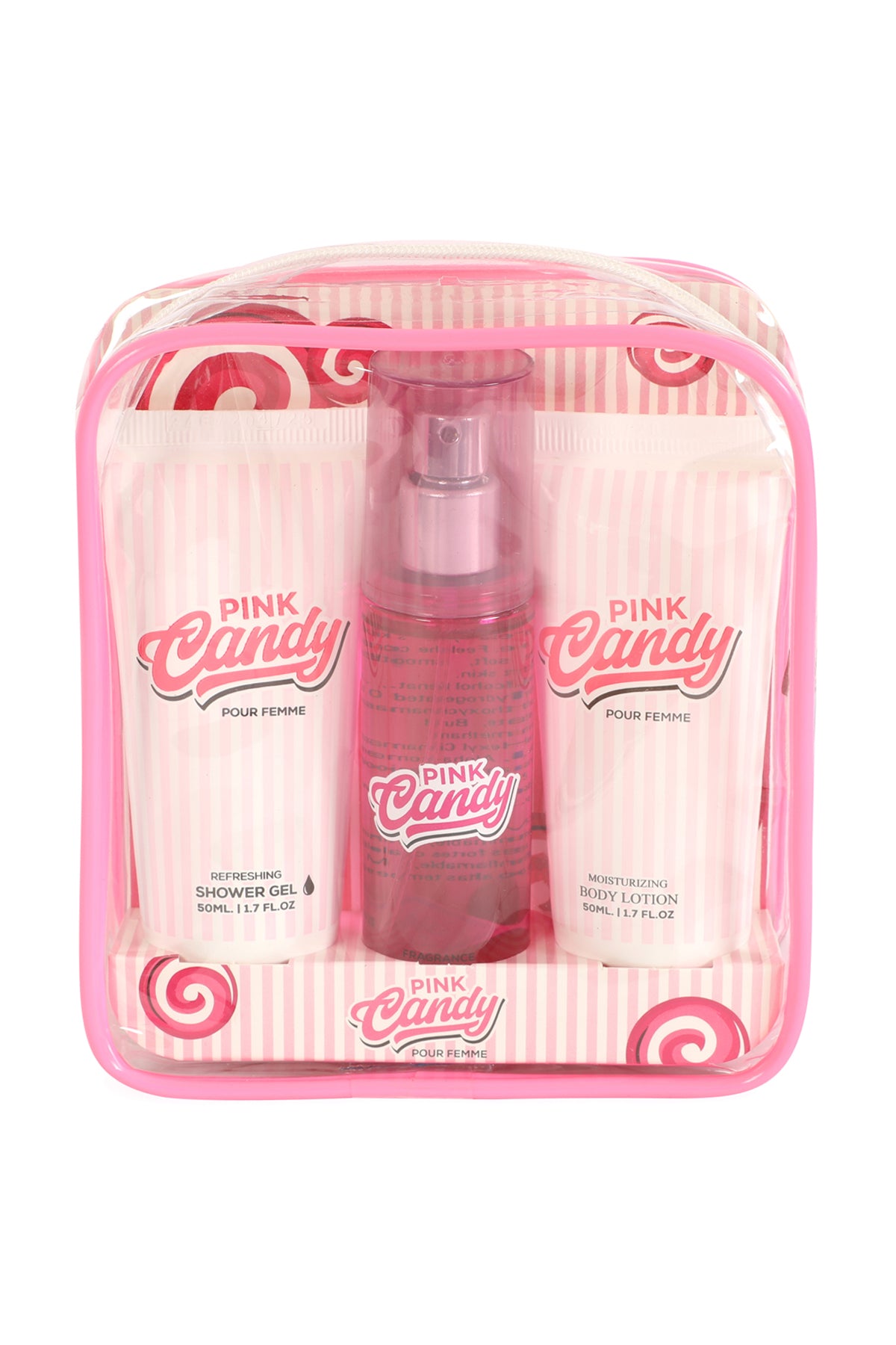 PINK CANDY REFRESHING SHOWER GEL, FRAGRANCE BODY MIST, MOISTURIZING BODY LOTION FOR WOMEN 50ML/1.7FL.OZ/3 GIFT SET POUCH