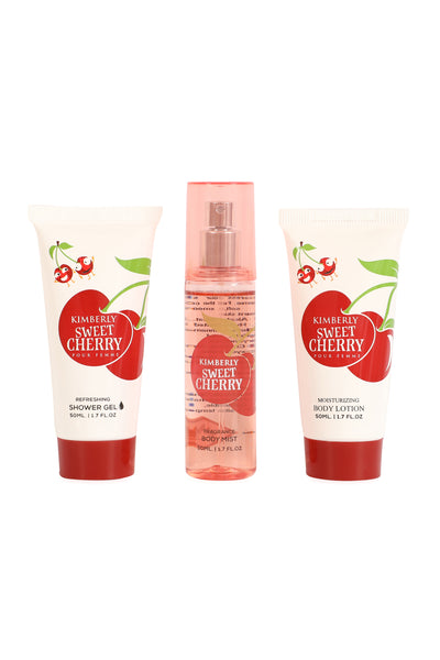 KIMBERLY SWEET CHERRY REFRESHING SHOWER GEL, FRAGRANCE BODY MIST, MOISTURIZING BODY LOTION FOR WOMEN 50ML/1.7FL.OZ/3 GIFT SET POUCH