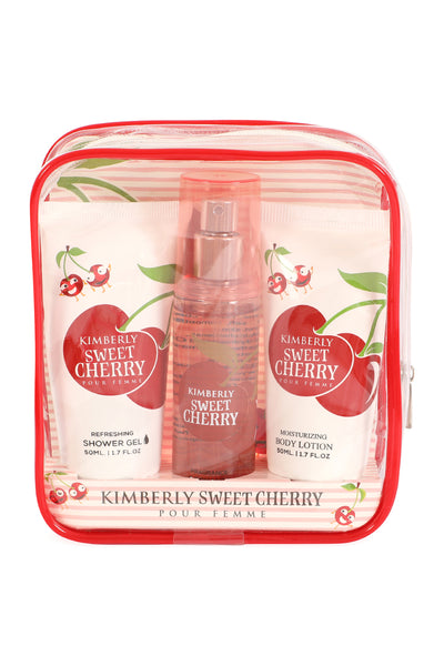KIMBERLY SWEET CHERRY REFRESHING SHOWER GEL, FRAGRANCE BODY MIST, MOISTURIZING BODY LOTION FOR WOMEN 50ML/1.7FL.OZ/3 GIFT SET POUCH