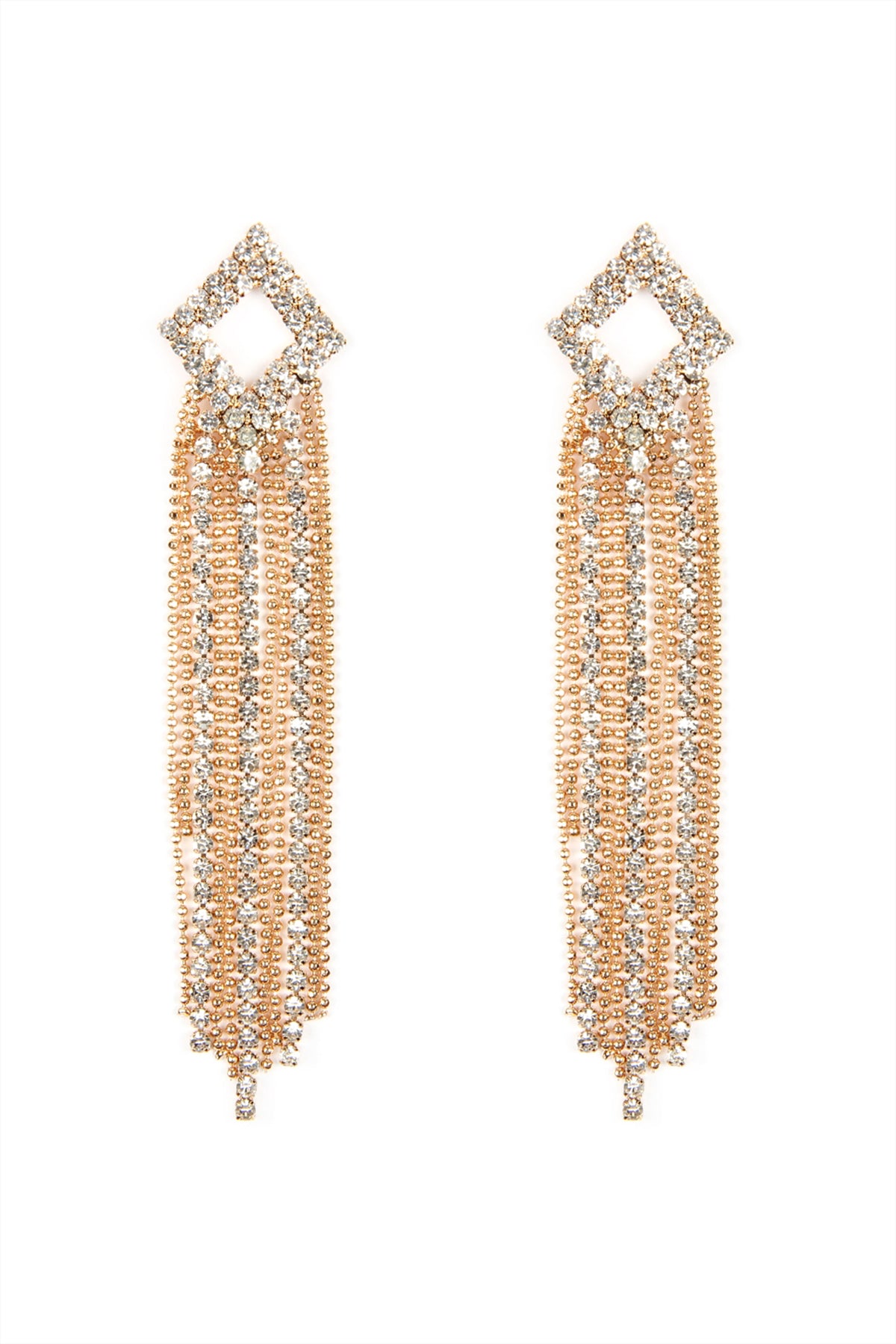 2 LINE RHINESTONE RHOMBUS FRINGE EARRINGS