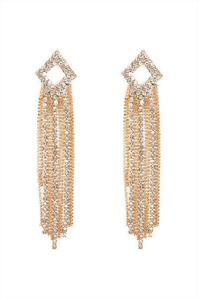 2 LINE RHINESTONE RHOMBUS FRINGE EARRINGS