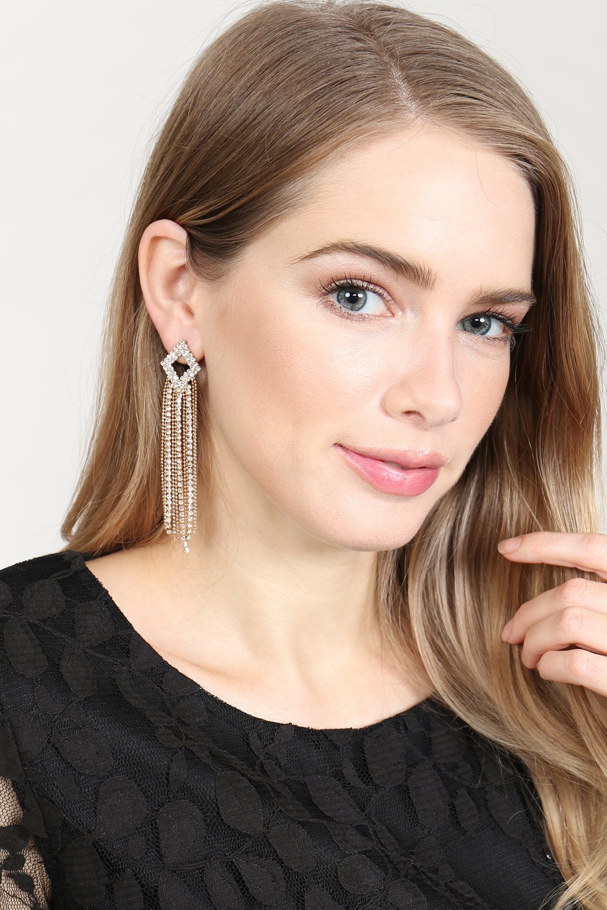 2 LINE RHINESTONE RHOMBUS FRINGE EARRINGS