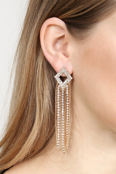 2 LINE RHINESTONE RHOMBUS FRINGE EARRINGS