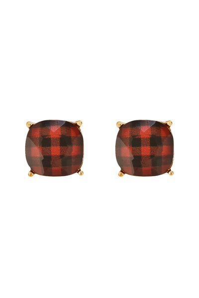 RED FACETED BUFFALO CHECKERED POST EARRINGS