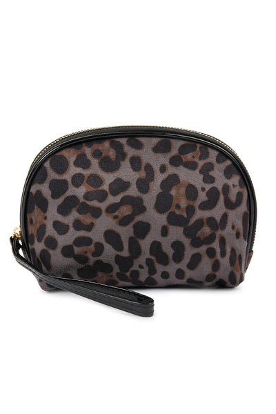 GRAY ROUND TOP LEOPARD PATTERN COSMETIC BAG