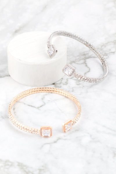 RHINESTONE SQUARE CUBIC ZIRCONIA 2 LINE CUFF BRACELET