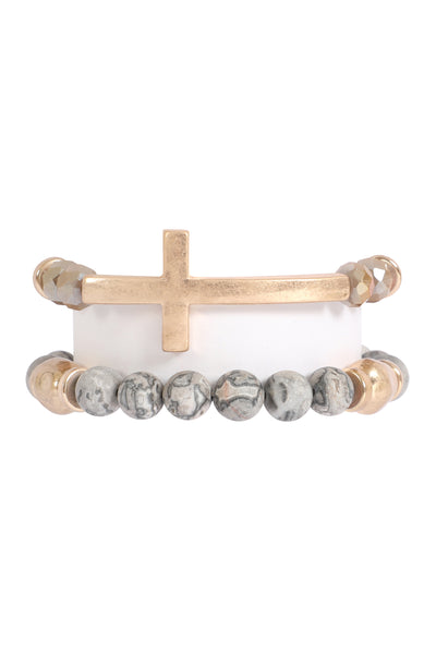 2 LINE CROSS NATURAL STONE BRACELET