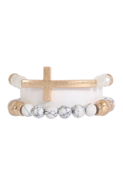 2 LINE CROSS NATURAL STONE BRACELET