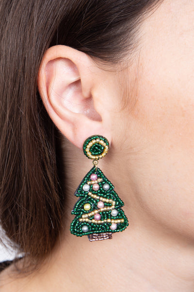 CHRISTMAS TREE SEED BEADS POST DROP EARRINGS-MULTICOLOR