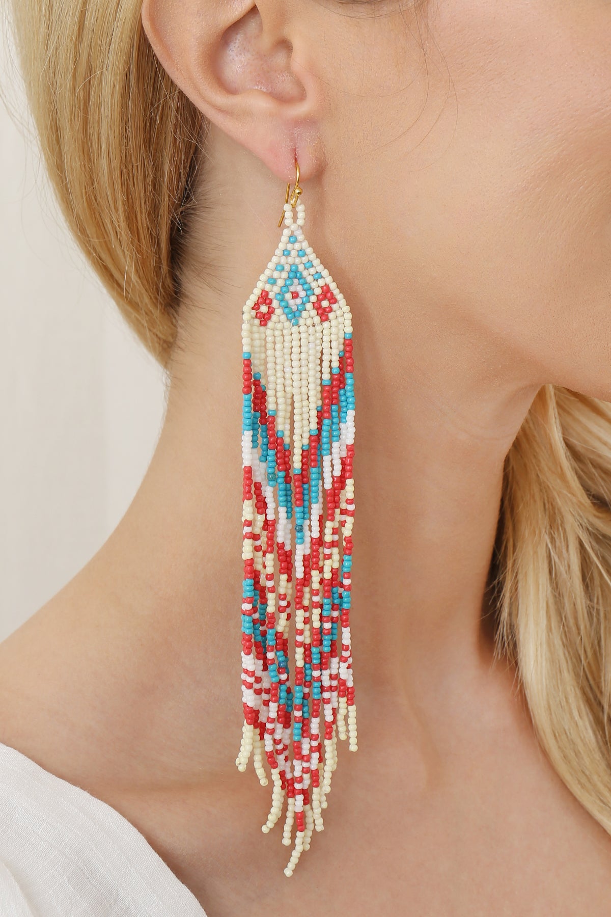 WESTERN STYLE AZTEC SEED BEAD FRINGE DROP EARRINGS