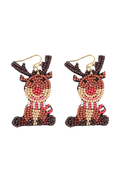 SITTING REINDEER SEED BEADS HOOK EARRINGS-BROWN MULTICOLOR