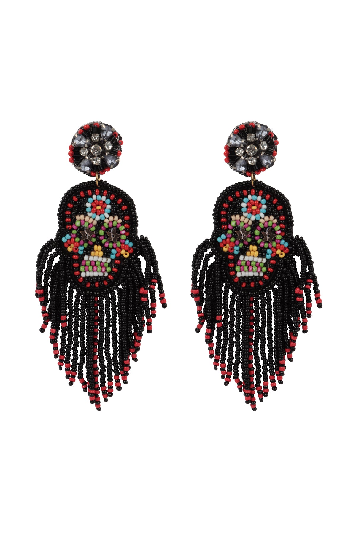 HALLOWEEN SKULL SEED BEADS FRINGE POST EARRINGS