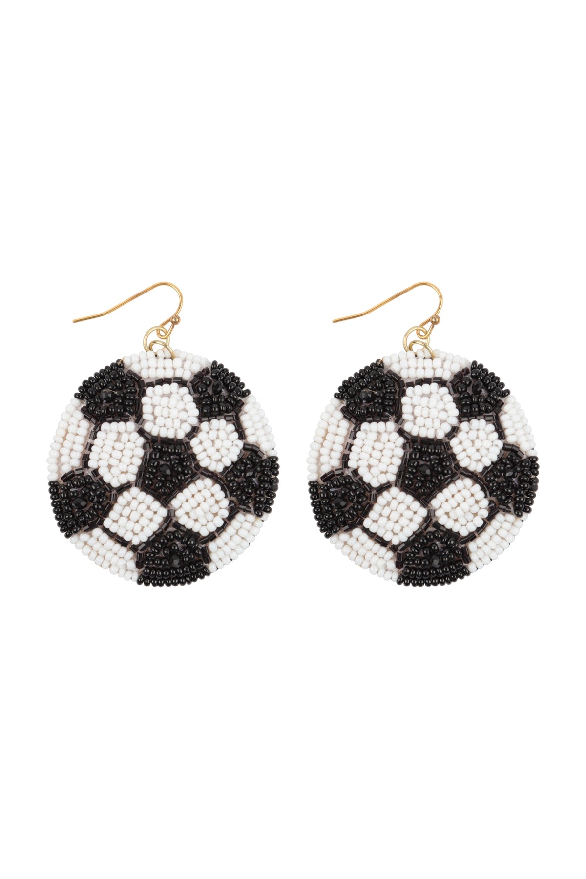 SOCCERBALL SEED BEADS FISH HOOK EARRINGS-BLACK WHITE