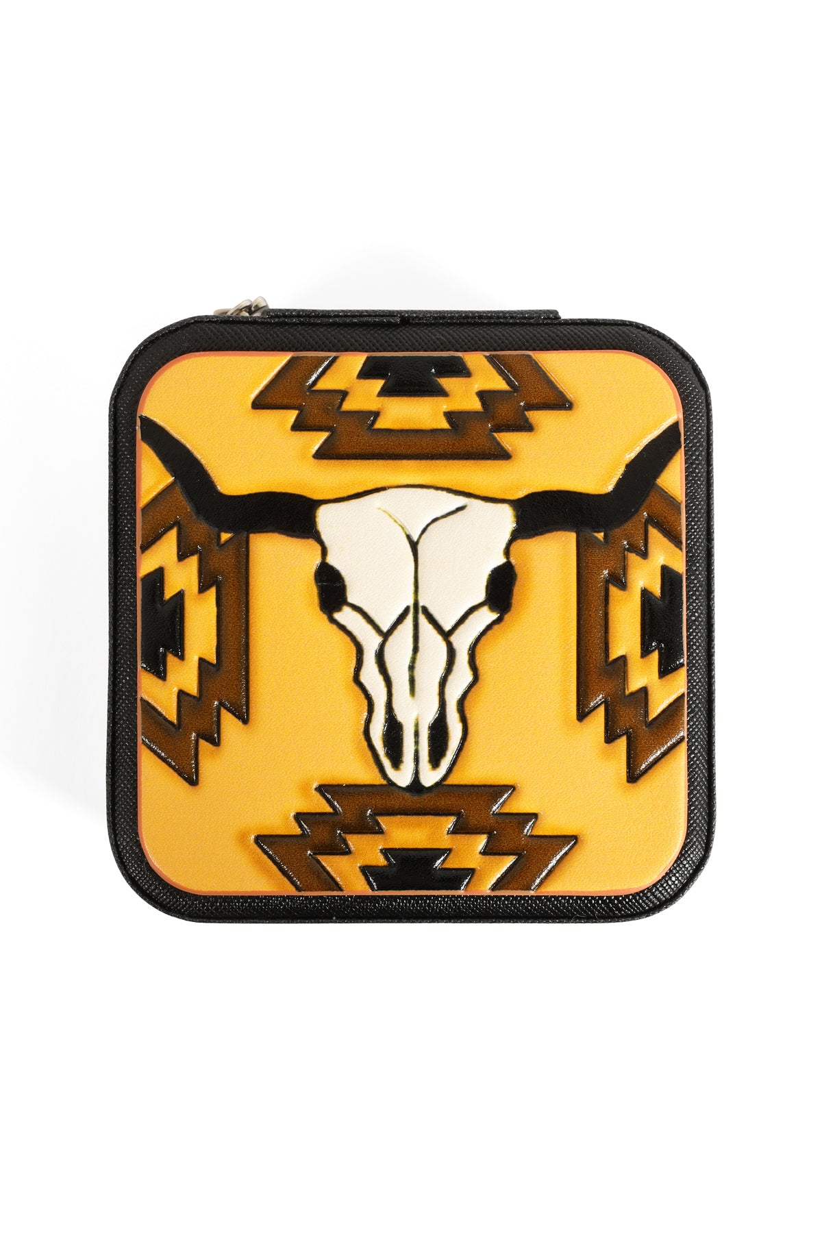 AZTEC PATTERN BULL HEAD LEATHER TRAVEL JEWELRY BOX