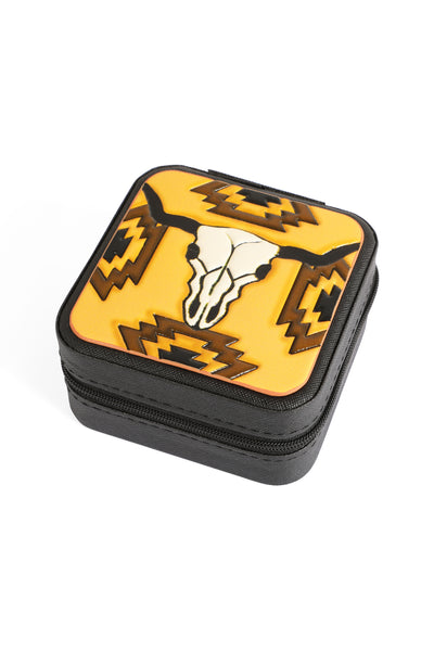 AZTEC PATTERN BULL HEAD LEATHER TRAVEL JEWELRY BOX