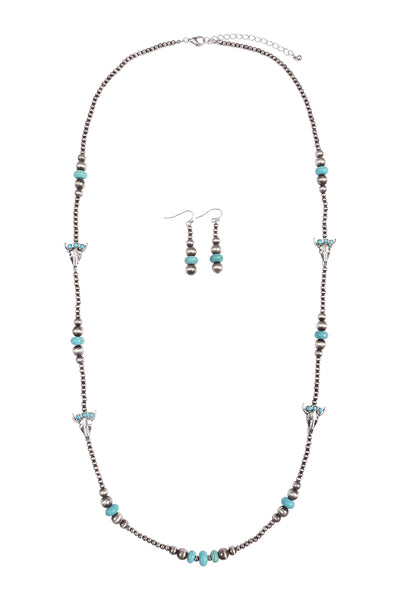 BULL HEAD STATIONARY WESTERN CONCH0 NATURAL STONE NECKLACE AND EARRINGS SET
