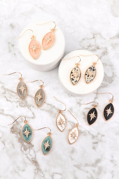 STAR BURST CUBIC SEMI PRECIOUS STONE MARQUISE SHAPE HOOK EARRINGS