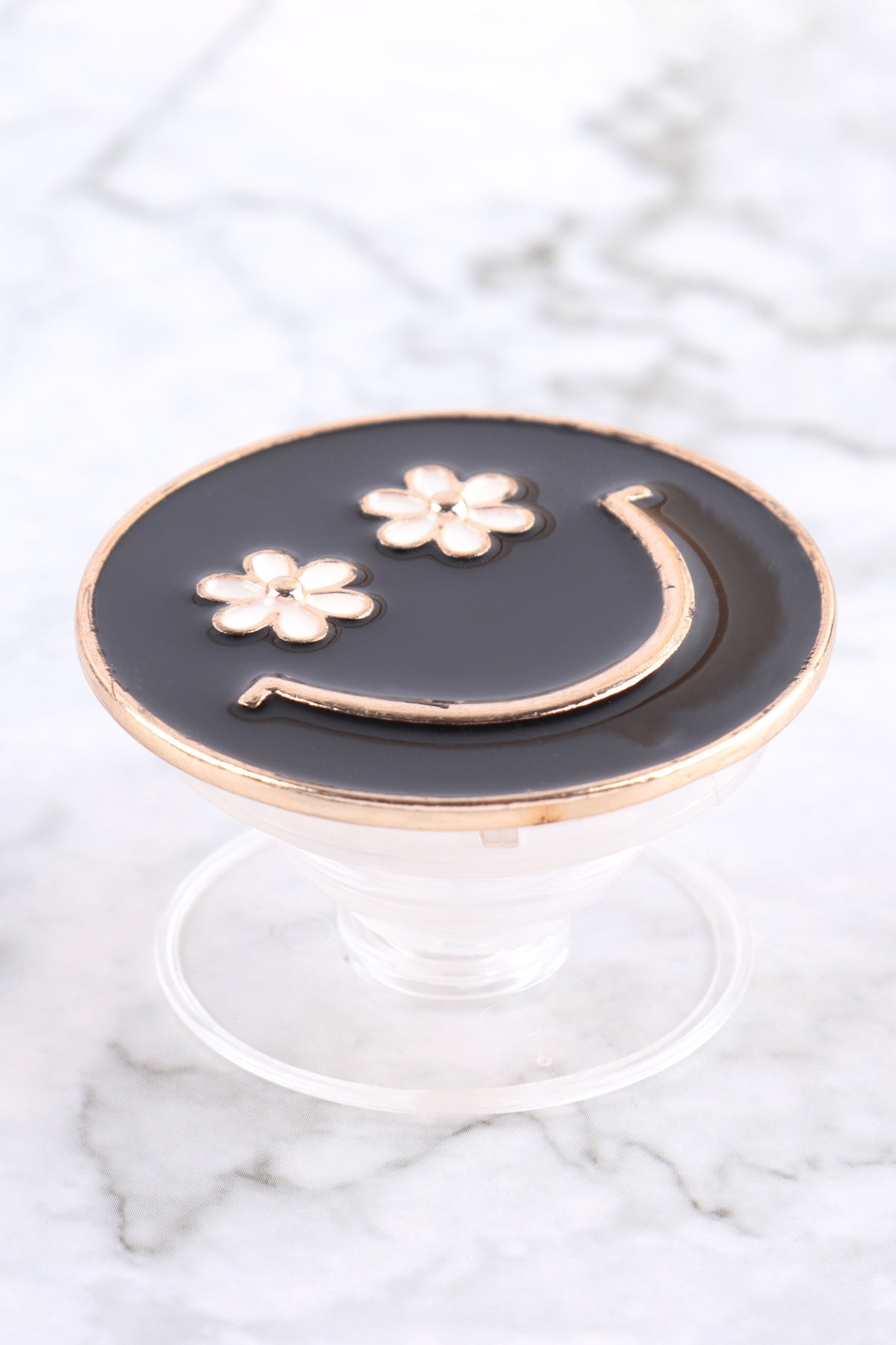 1- 1.75" SMILEY FACE WITH FLOWER EYES ENAMEL PHONE GRIP HOLDER