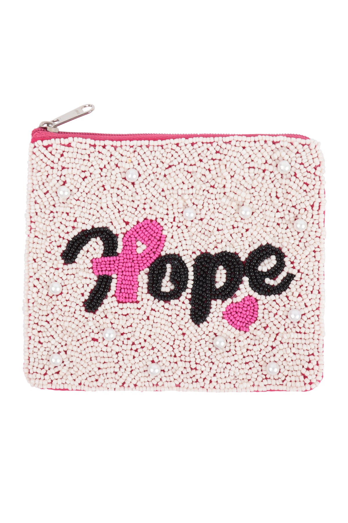 HOPE PINK RIBBON AWARENESS SEED BEADS COIN POUCH-CREAM