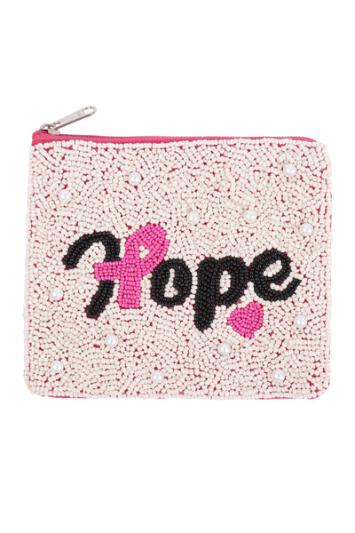 HOPE PINK RIBBON AWARENESS SEED BEADS COIN POUCH-CREAM