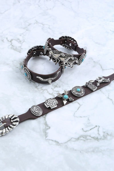 WESTERN CONCHO BULL'S HEAD FLOWER LEATHER BRACELET