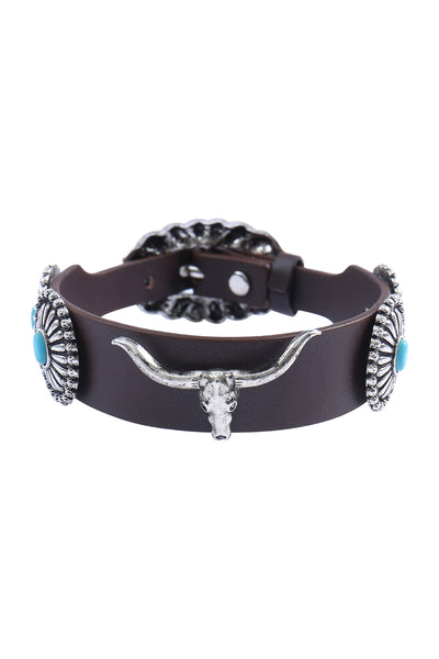 WESTERN CONCHO BULL'S HEAD FLOWER LEATHER BRACELET