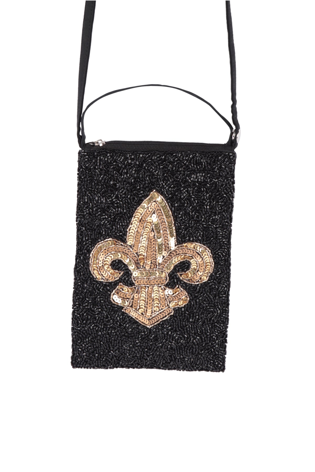 FLEUR DE LIS BLACK PATTERN SEQUIN SEED BEADS CROSSBODY BAG