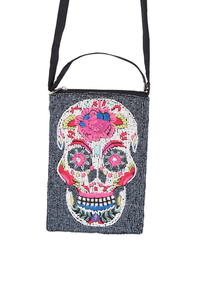 SUGAR SKULL ROSE SEED BEADS CROSSBODY BAG