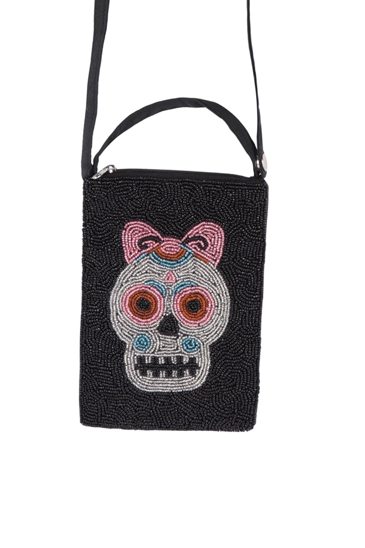 SUGAR SKULL RIBBON SEED BEADS CROSSBODY BAG