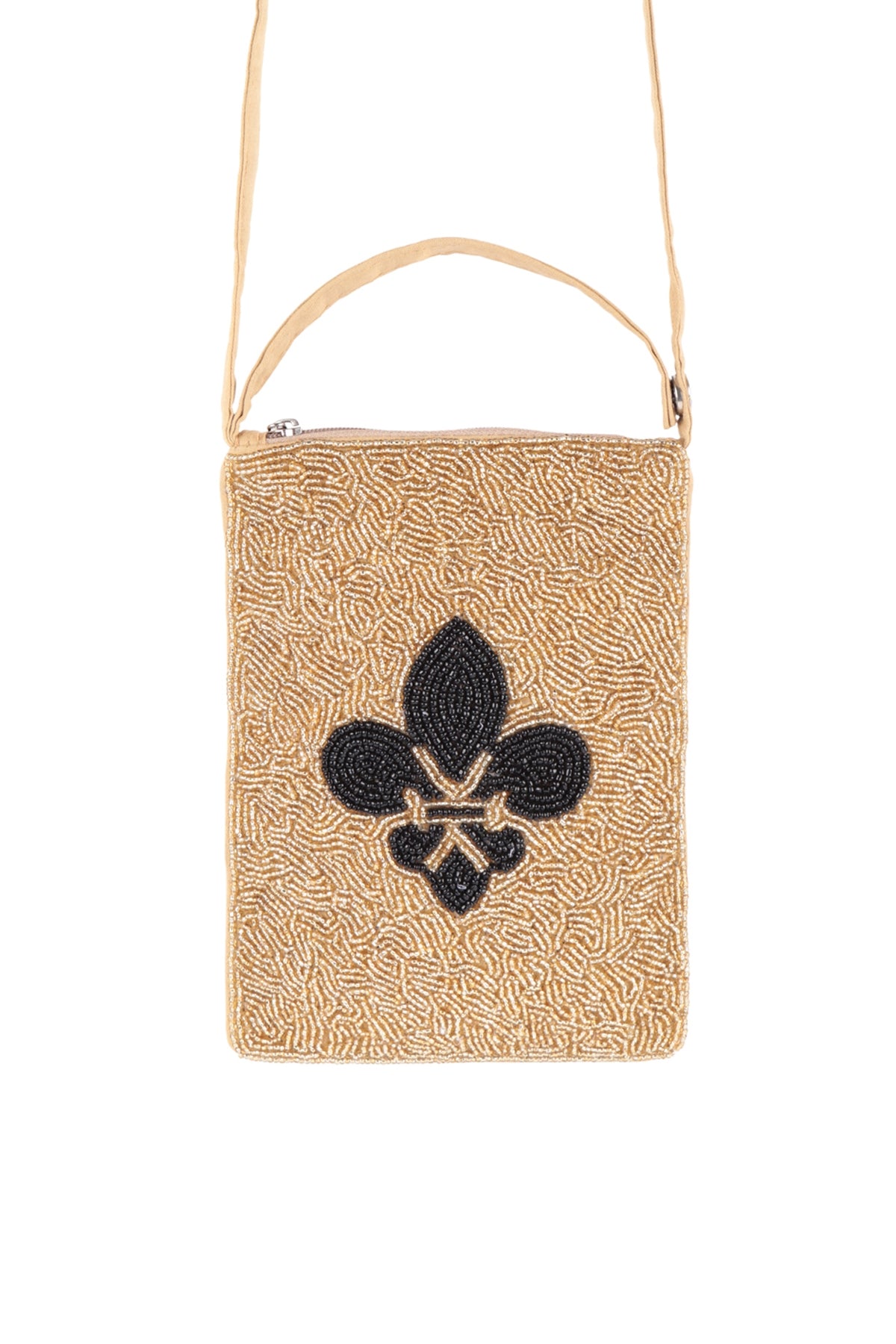 FLEUR DE LIS GOLD PATTERN SEED BEADS CROSSBODY BAG