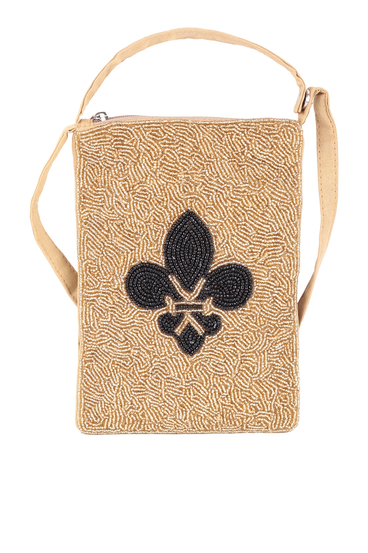 FLEUR DE LIS GOLD PATTERN SEED BEADS CROSSBODY BAG