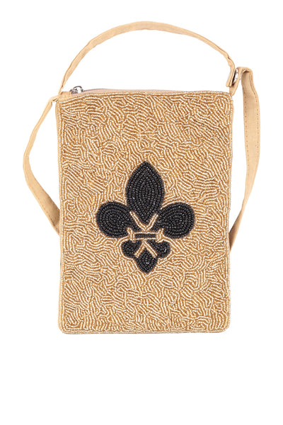 FLEUR DE LIS GOLD PATTERN SEED BEADS CROSSBODY BAG