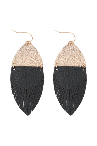 2.75 INCH MARQUISE SHAPED PU LEATHER FRINGE HOOK EARRINGS