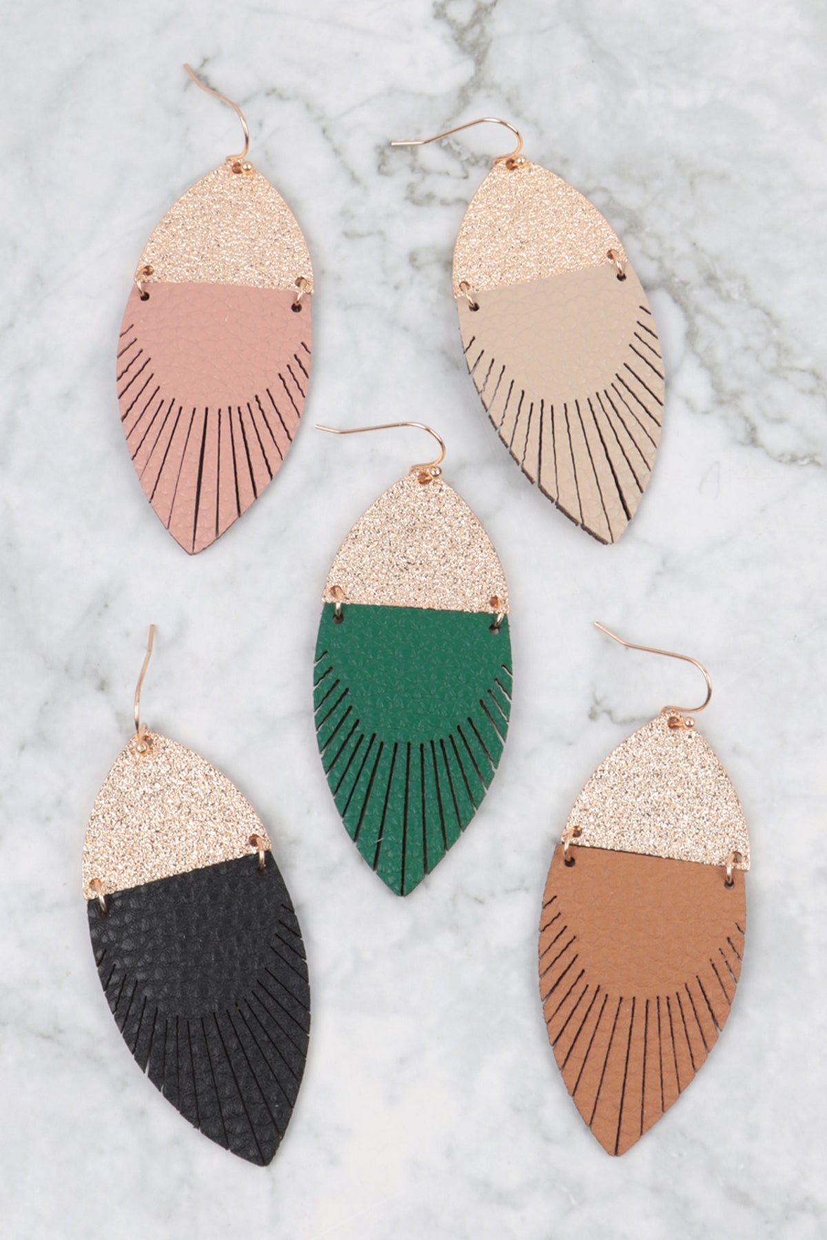 2.75 INCH MARQUISE SHAPED PU LEATHER FRINGE HOOK EARRINGS