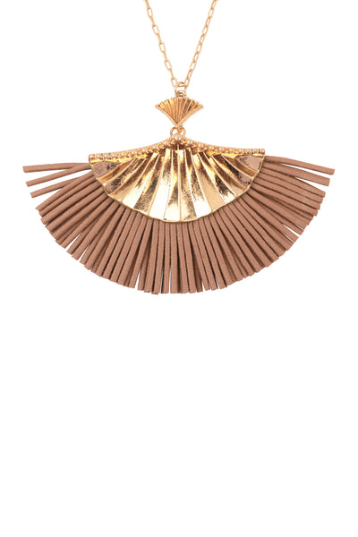 30 INCH FAN SHAPED PU LEATHER FRINGE LONG NECKLACE